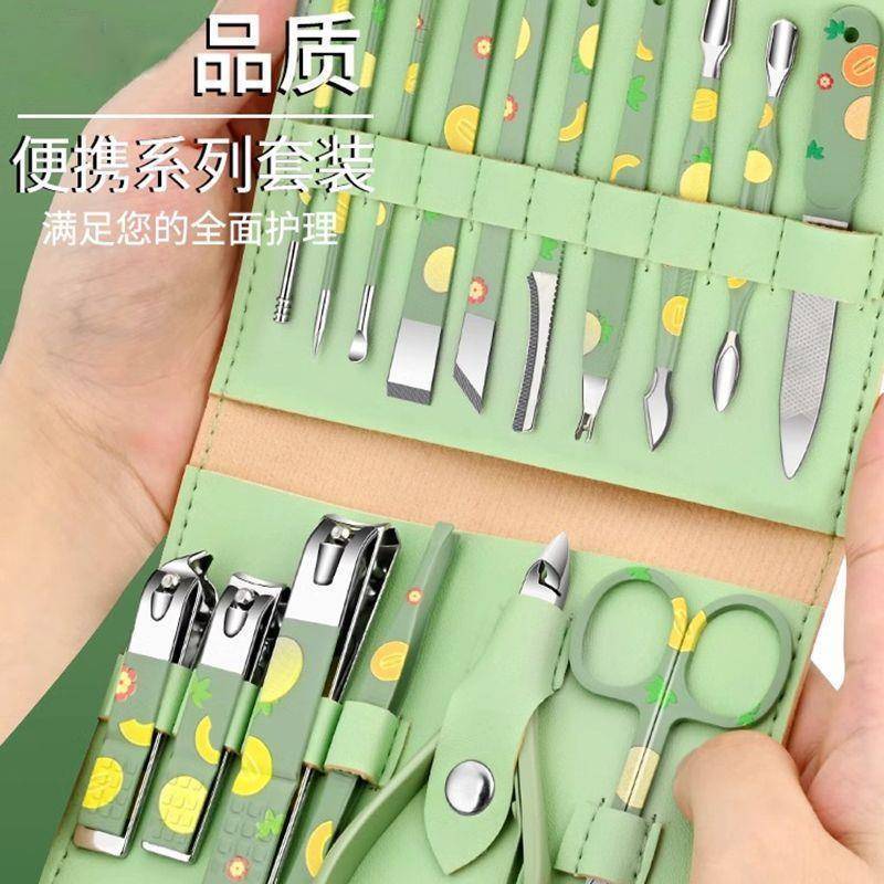 Pingjiagou cuchara de orejas inclinada manicuras pinzas de uñas cuchillo de uñas conjunto de patrón de impresión de melón inflamación fruta