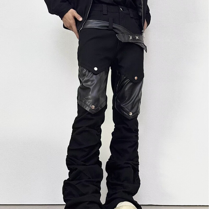 Foreign Trade American High Street Heavy-Duty Street Punk Patchwork Leather Flared Jeans for Men with Pleated Stacked Design