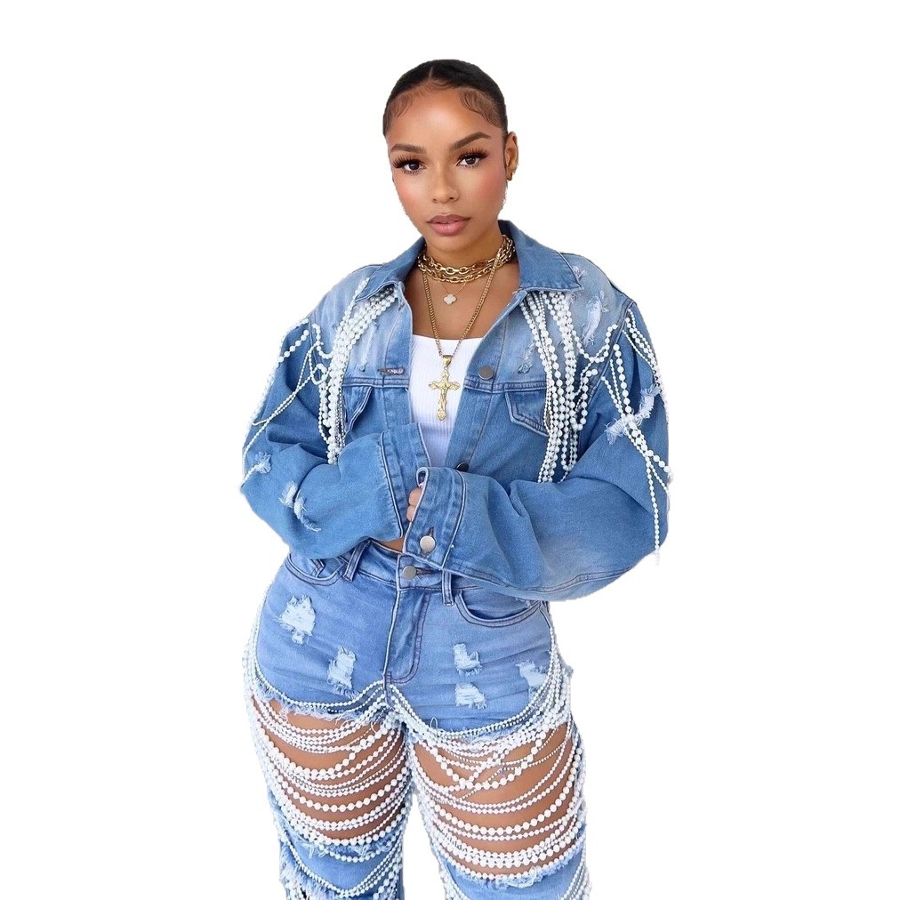 Women's Denim Jacket With Pearl Embellishments – Trendy Oversized Vintage Coat, Handcrafted Beaded Details For Streetwear & Casual (Blue, S-2xl)_voghion.com