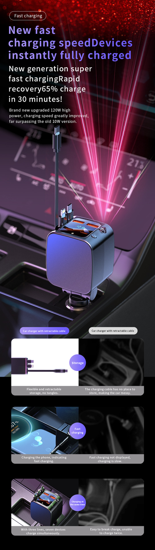 Cross-Border Super Fast Charging Starry Sky Light Car Charger with Retractable Cable Super Fast Car Charger Oem