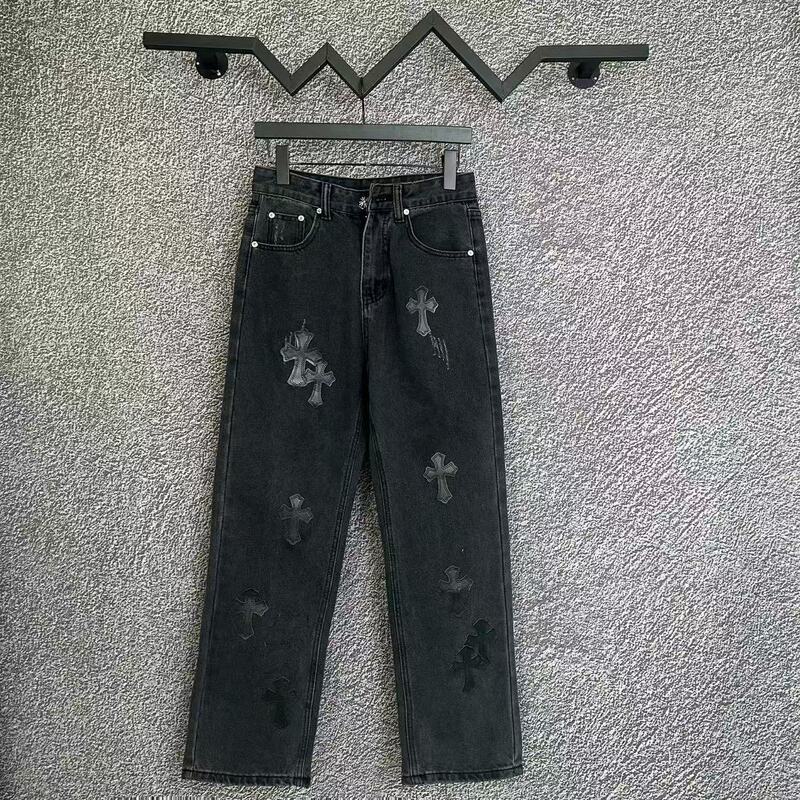 2025 Correct Version Ch Crowe Cross Leather Label Washed Jeans Couple Street Loose Straight Pants