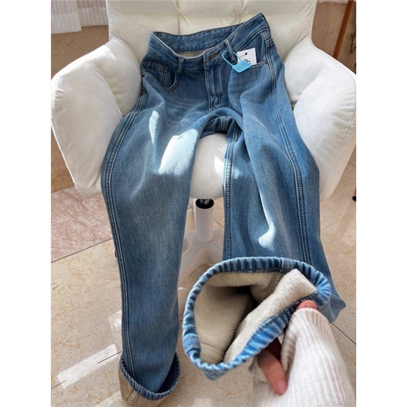 Fleece-Lined Women's Jeans for Autumn and Winter, Thickened, Warm, High-Waisted, Straight-Leg, Loose, Drapey, Retro Blue Long Pants, Slim-Fit Wide-Leg Pants