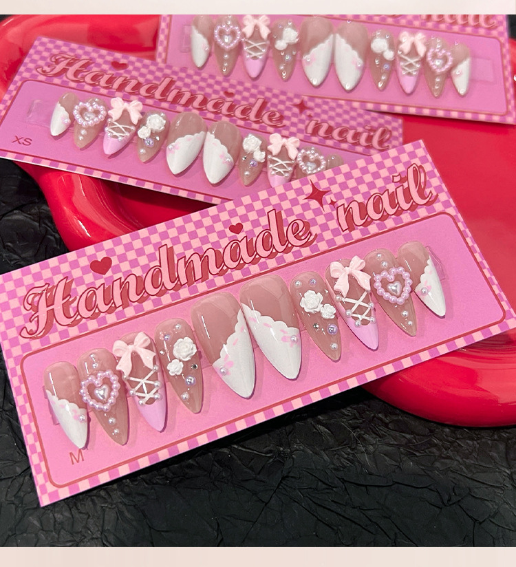 1 Set Quantity French Style Sweet Flower Bow Knot Plastic Press-on Nails 1 Set