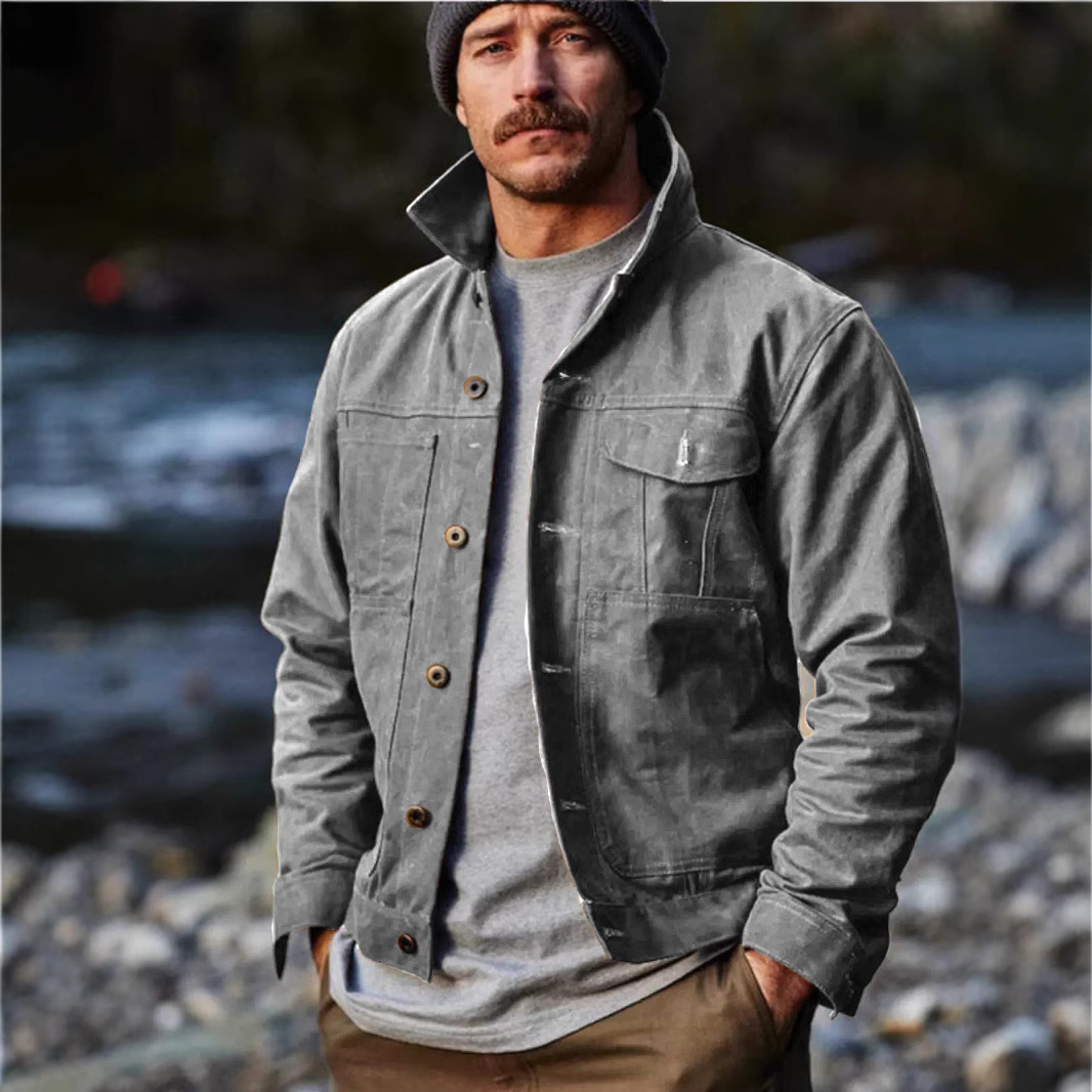 2025 primavera nueva chaqueta de hombre Amazon botón múltiple bolsillo europeo y americano chaqueta clásica retro independiente stand cardigan