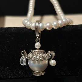 阿拉丁神灯吊坠项链3-4mm淡水小米珠强光万能扣一款多戴尾链可调