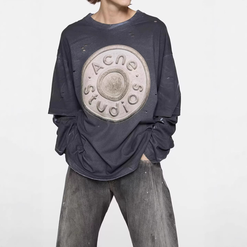 Cross-Border Trendy Brand A-C Distressed and Worn-Out Button Logo Letter Digital Print Fake Two-Piece Long-Sleeve T-Shirt Couple Style Cross-Border Trendy Brand A-C Distressed and Worn-Out Button Logo Letter Digital Print Fake Two-Piece Long-Sleeve T-Shirt Couple Style
