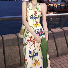 跨境【港岛日记】港风挂脖连衣裙女夏复古气质显瘦露背长裙子图片