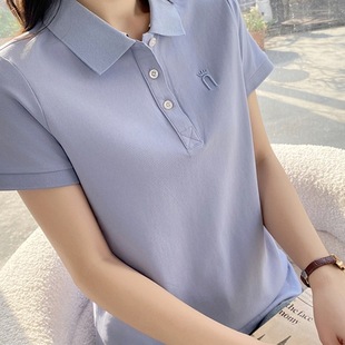 Cotton + Right Shoulder Short-Sleeved T-Shirt Women's Summer Casual Sports Baseball Uniform Slim Lapel Polo Shirt Half-Sleeved Top Outdoor