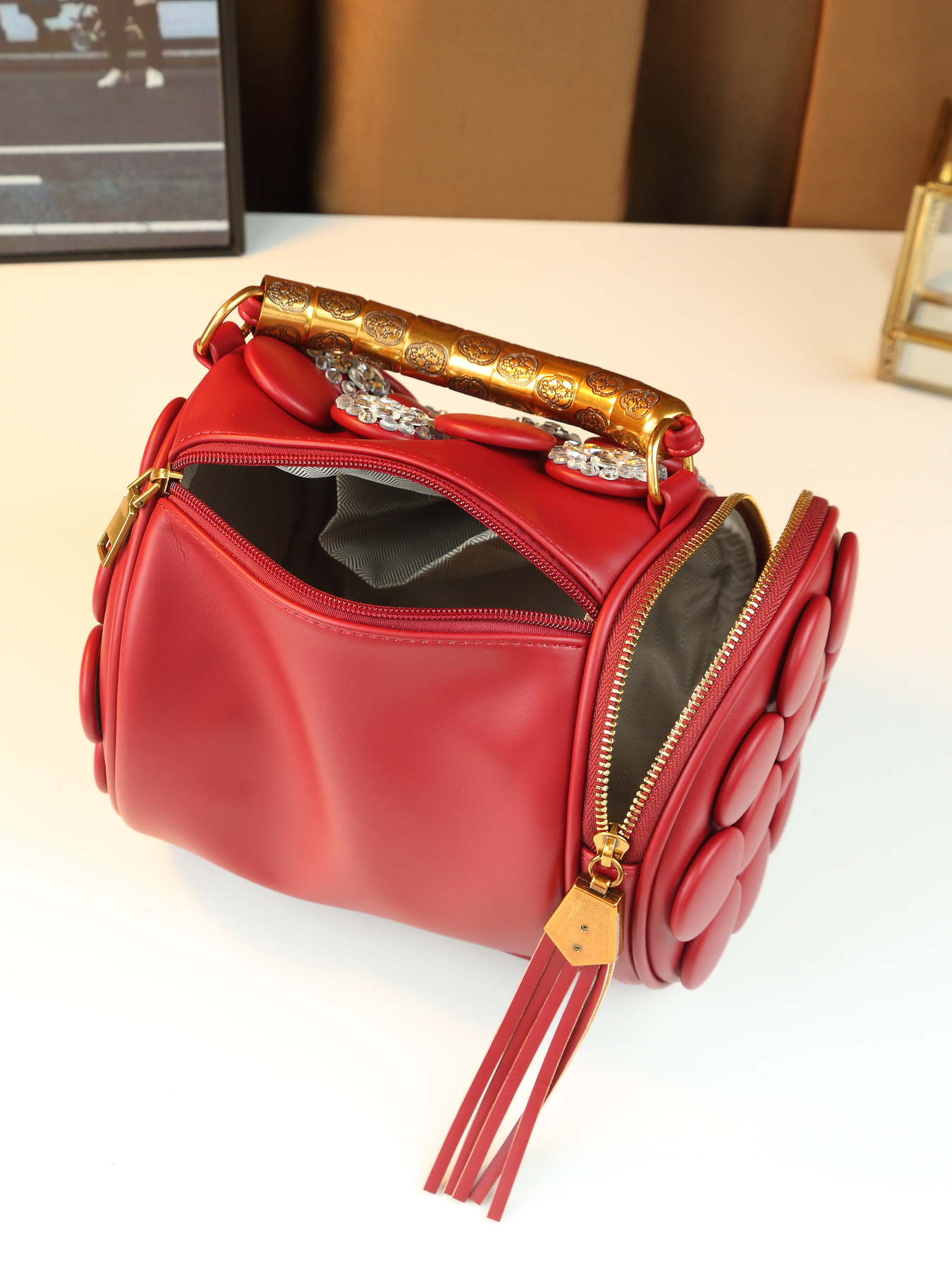 Damen Handtasche Im Retro Stil Mit Punkten Und Strassbesatz_voghion.com