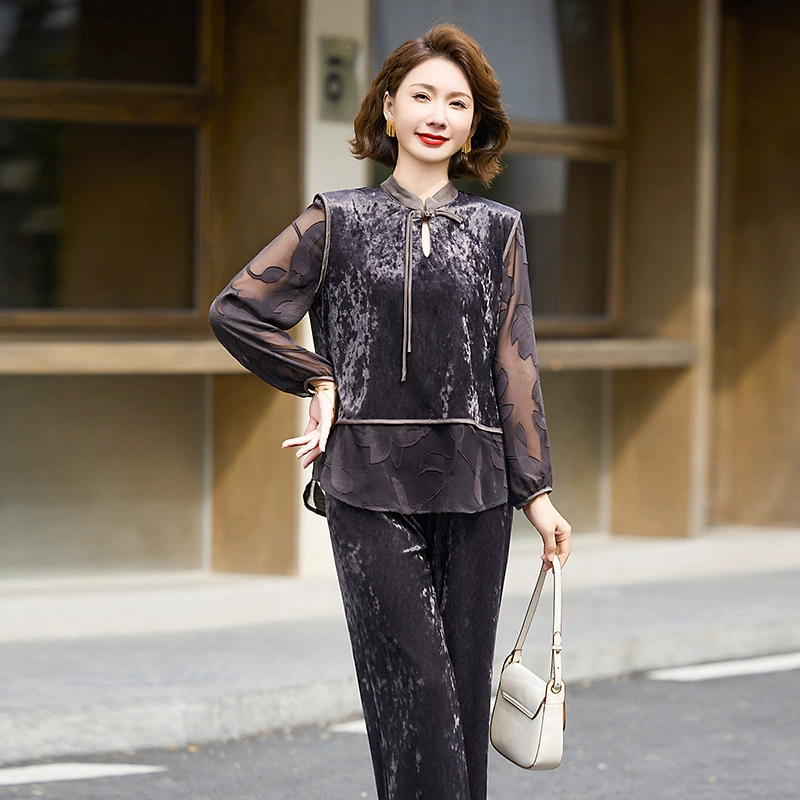 Мама весенний костюм 2025 новый золотой бархатный национальный стиль Тан топ среднего и пожилого возраста весна и осень новая китайская рубашка