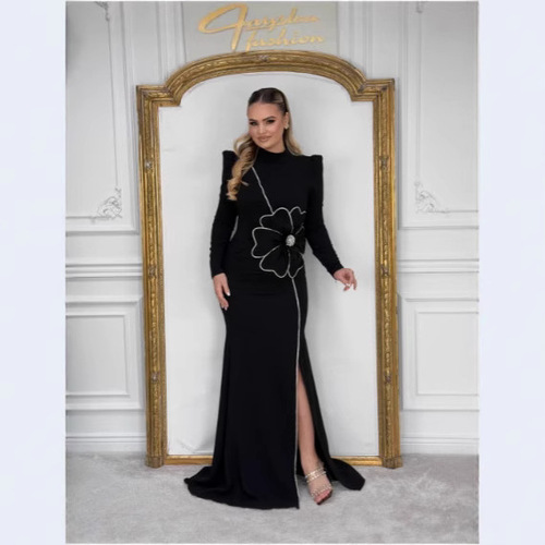 Hot-selling heavy-duty rhinestone three-dimensional flower sequin bandage dress for women, split design, slim-fit evening gown