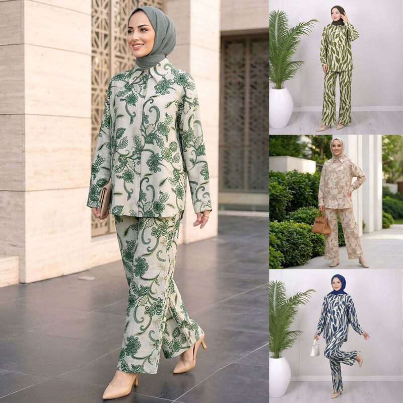 M387 # Turkish Women's Fashion New Cross-Border Printed Gold-Stamped Casual Set: Women's Turn-Down Collar Drop-Shoulder Shirt + Straight-Leg Pants.