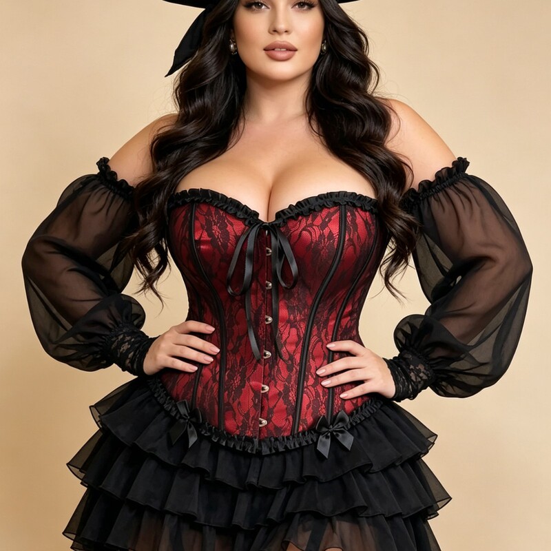 Plus-size lace corset with fishbone design, worn as an outer garment, shaping and slimming effect, waist-cinching, and tummy-control