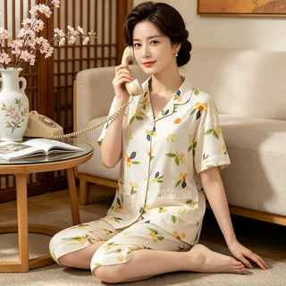 中年妈妈款短袖七分裤睡衣女夏季新款仿棉甜美开衫家居服套装批发