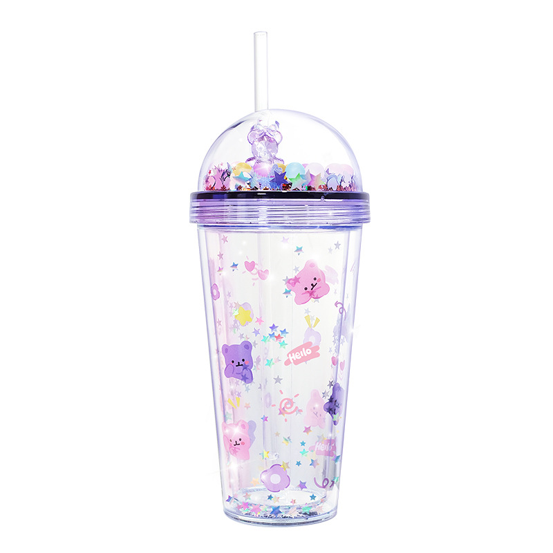 Taza de agua de paja taza de agua de alto aspecto Oso de cristal de doble capa taza de gran capacidad creativa Red Cup ins estilo