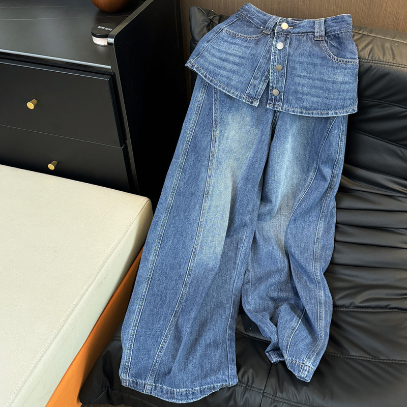 Wholesale Korean-Style Design Faux Two-Piece Skirt Pants, High-Waisted, Straight-Cut, Loose-Fitting, Slimming Wide-Leg Denim Long Pants for Women, Summer Fashion Wholesale Korean-Style Design Faux Two-Piece Skirt Pants, High-Waisted, Straight-Cut, Loose-Fitting, Slimming Wide-Leg Denim Long Pants for Women, Summer Fashion