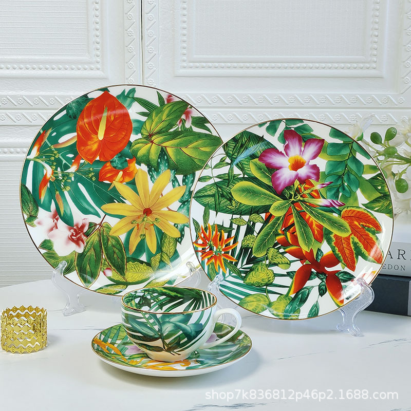 Cross-border Tropical Rainforest series Western plate bone china light luxury coffee cup steak plate tableware creative hand-painted gift box