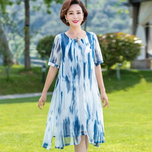Qianbai Yilian Middle-Aged and Elderly Women's 2025 New Summer Mother's Wear Elegant Printed Slim Short-Sleeved Dress