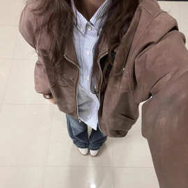 美式复古棕色翻领外套女2025秋季新款仿麂皮绒高级情侣夹克上衣女
