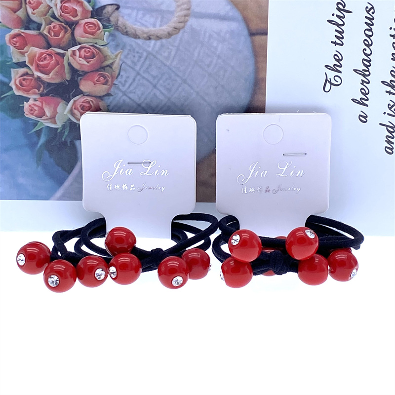 Tarjeta de pedido de 2 piezas cuentas Rojas mediano Diamante lazo del pelo de las mujeres cuerda del pelo banda de goma entidad dos yuanes tienda de accesorios para el cabello accesorios para la cabeza