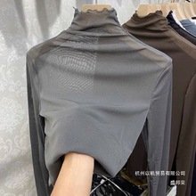 厂家直销大码女装百搭网纱蕾丝打底衫胖mm长袖边高领内搭微透