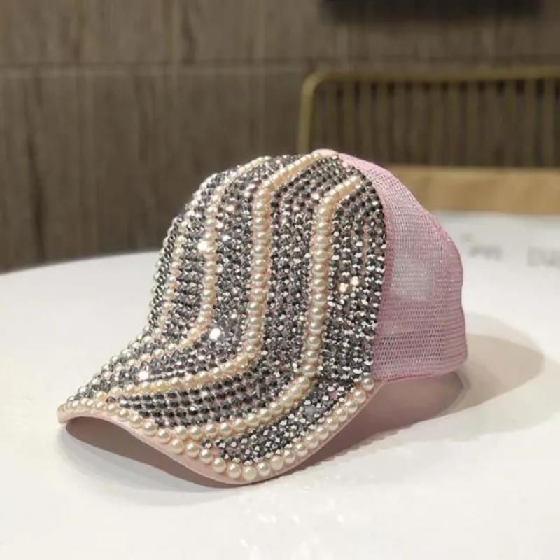 Gorra de béisbol con diamantes de imitación para mujer, estilo coreano de primavera y otoño, moda urbana, versátil, sombrero para el sol, perla de lujo ligero