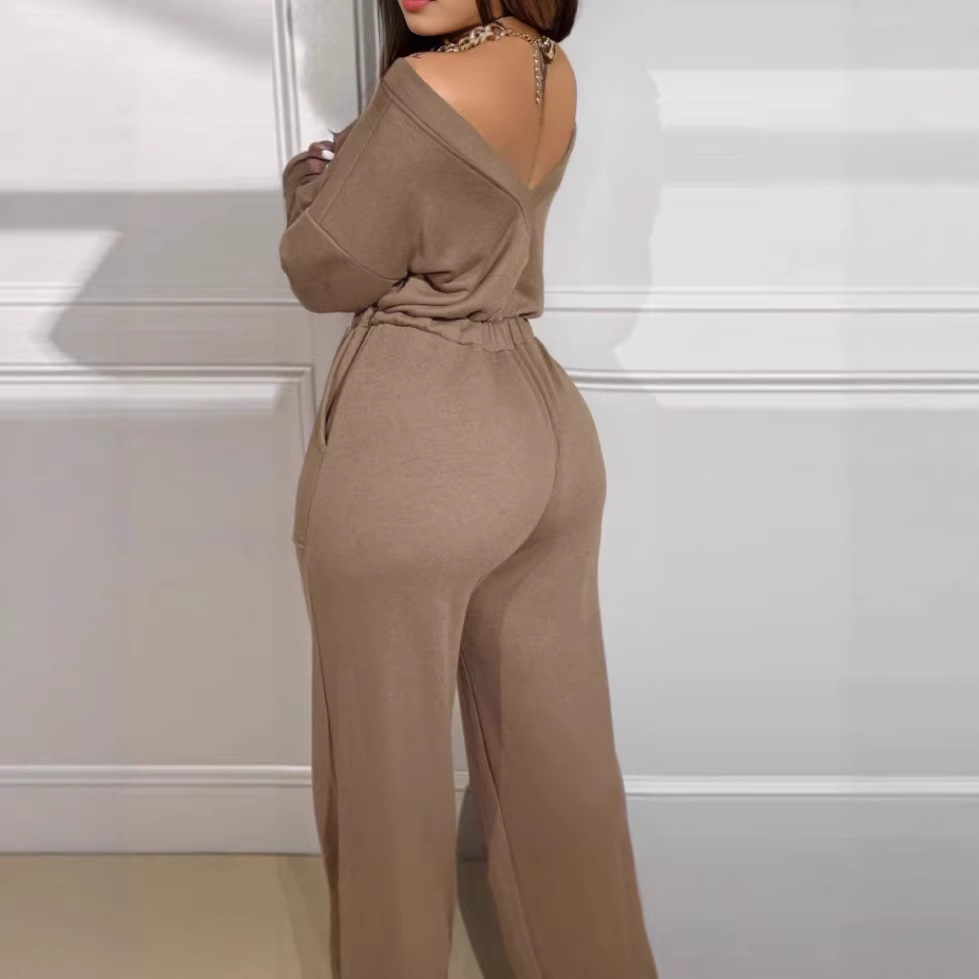Foreign Trade Quality 2024 Amazon Cross-Mirror European and American Clothing New Fashion Elegant Large Size Wide-Leg Jumpsuit