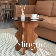MINGBO法式复古花瓣边几实木ins波浪茶几创意桌子钢化玻璃小圆桌