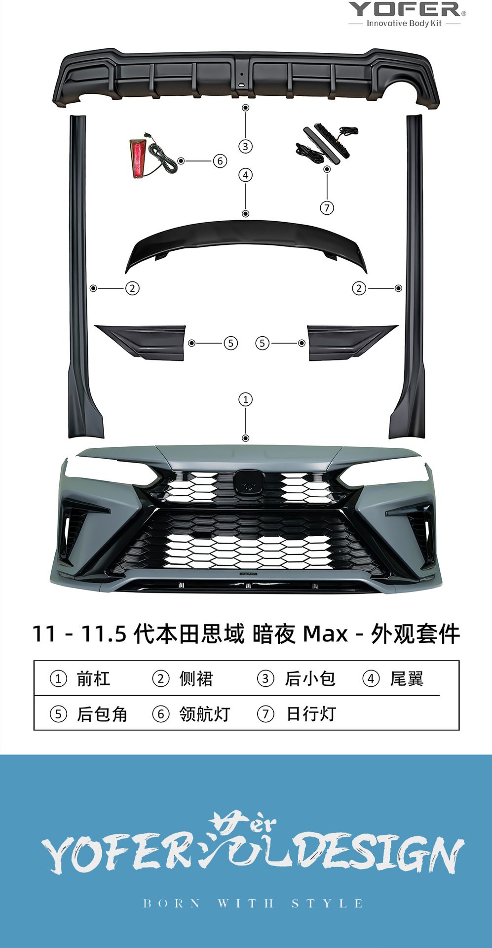 YOFER [Suitable for 11/11.5 generation Civic] Dark Night Max modification kit: front bumper, rear spoiler, side skirts