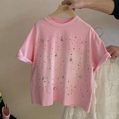 韓版女童2024夏季新款女童燙鑽短袖T恤可愛百搭皇冠小女孩上衣潮