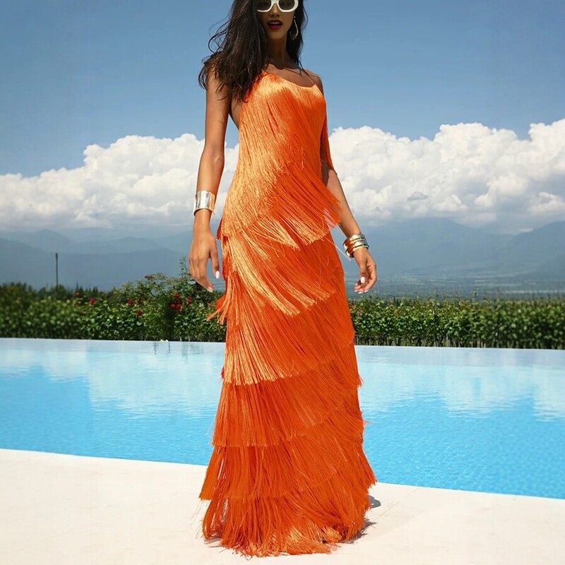 2026 new European and American style orange tassel strap dress for women, backless, long, slimming, and elegant 2026 new European and American style orange tassel strap dress for women, backless, long, slimming, and elegant