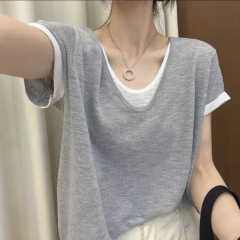 偽のvネック半袖tシャツ女性の夏のゆったりとした衝突色のデザイン感アメリカのギャルchi百合上着