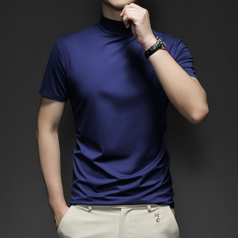 Wholesale Foreign Trade Men's Small High Collar Short Sleeve Teenager T-Shirt Middle Collar Solid Color Half High Collar Daily Half Sleeve Base Shirt