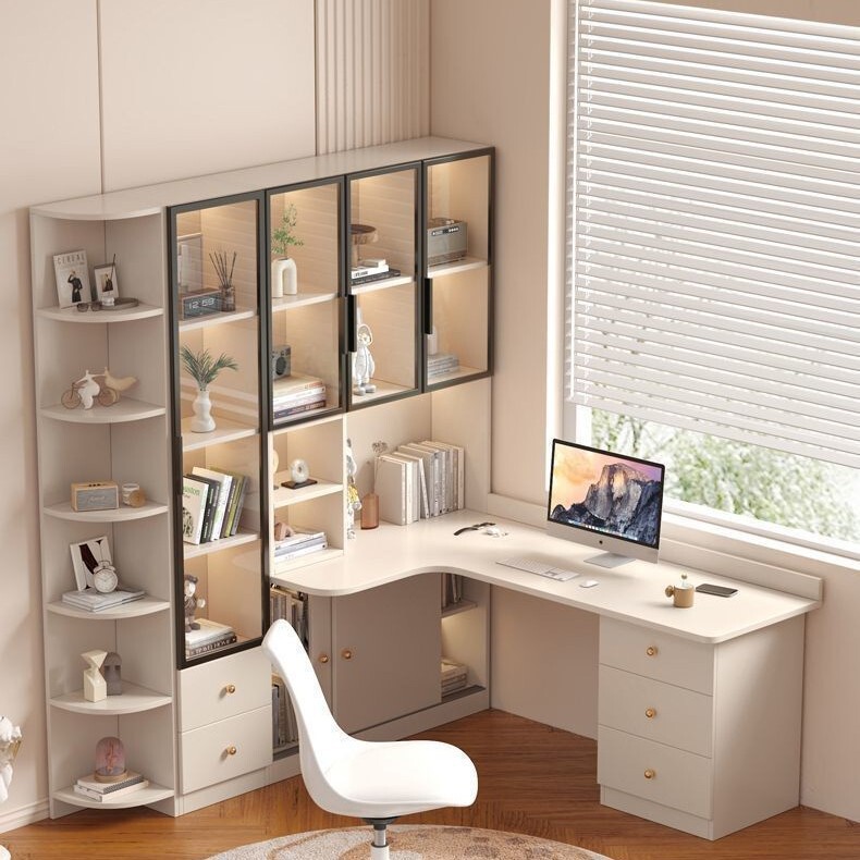 Solid Wood Corner Desk and Bookshelf Combination, Simple Home-Use Bedroom Student L-Shaped Computer Desk and Bookcase Set