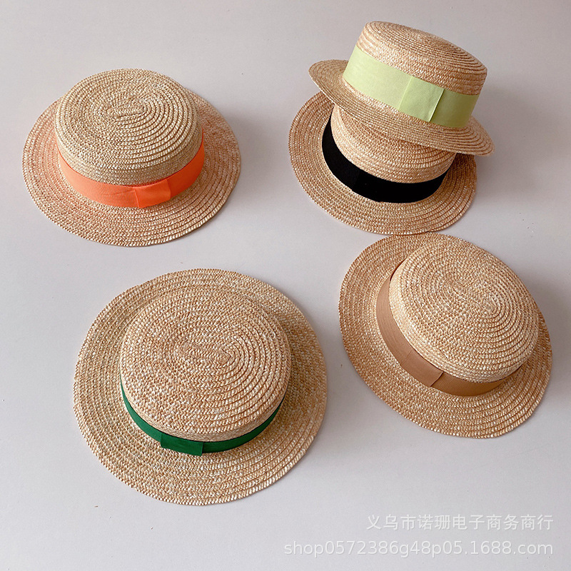 Sombrero de paja de trigo plano para niños, estilo coreano, para playa, ala ancha, protección solar, moda