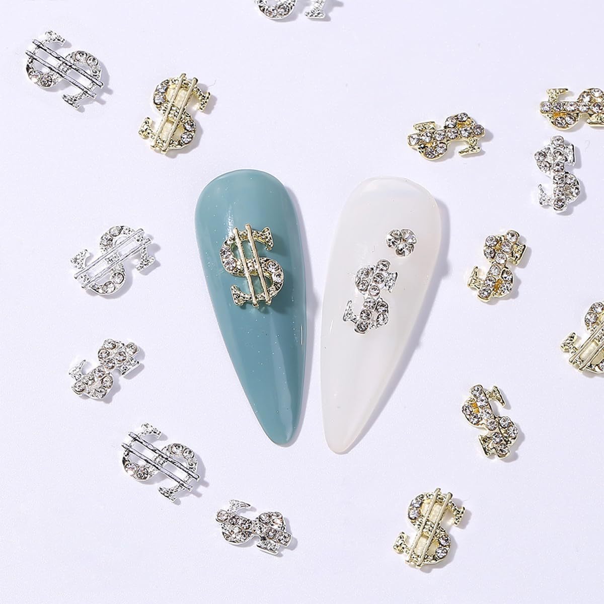 Joyería de uñas transfronteriza oro plata dólar símbolo moneda símbolo de uñas Luz de lujo flash diamante tridimensional decoración de diamantes