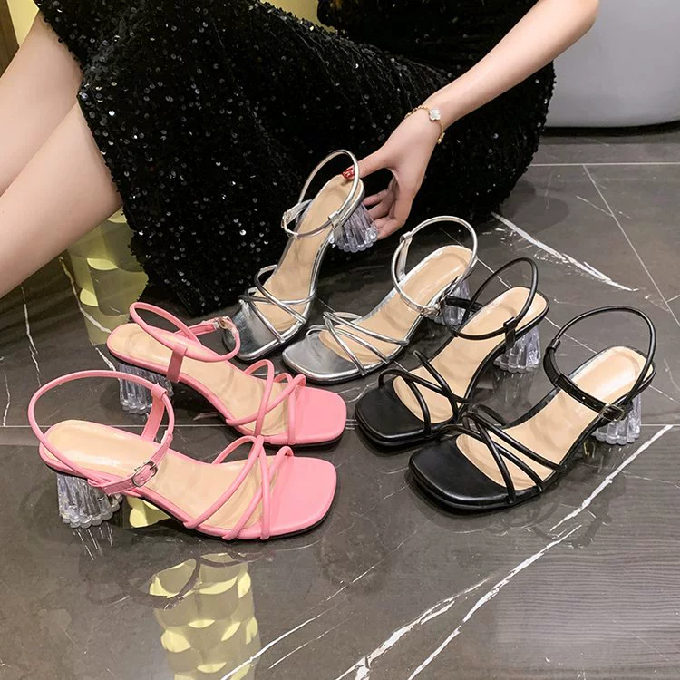 Si Xiuni Handmade ~ Французская новая мода Женская обувь с квадратным носком и полым ремешком и пряжкой со стразами Сандалии на высоком каблуке.