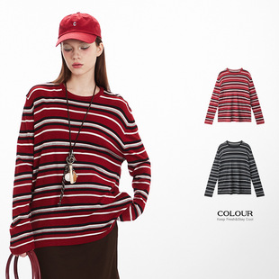 HeyHenry Color Contrast Stripe Round Neck Loose Long-sleeved Knit Blouse Unisex Loose 2025 Spring Base Inner Top