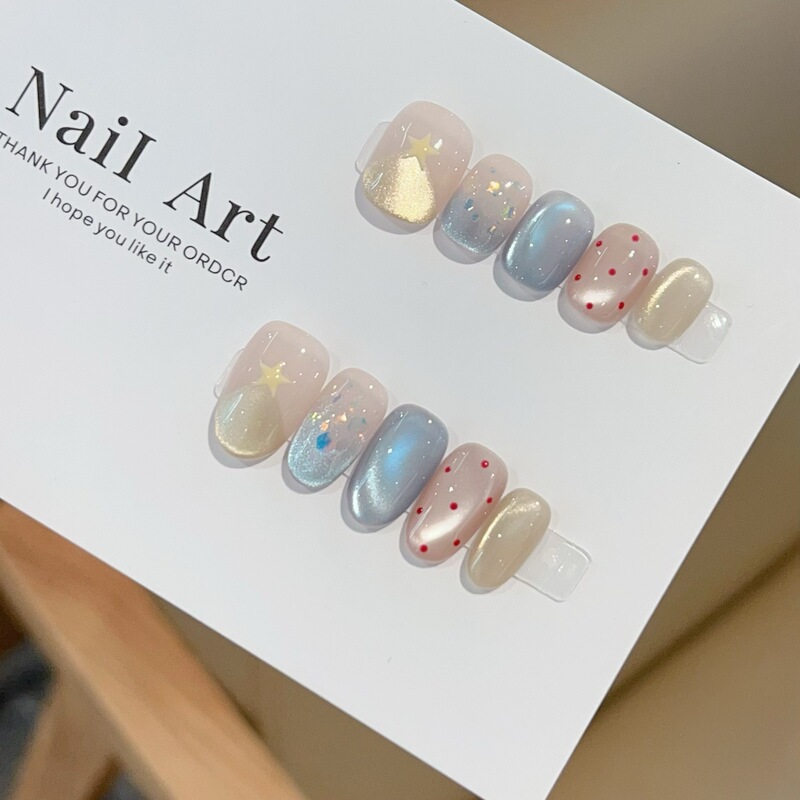 [Cream] Blue Cat Eye Wave Light Piece Cute Handmade Wearable Nail H242 Model with Box Tool Kit