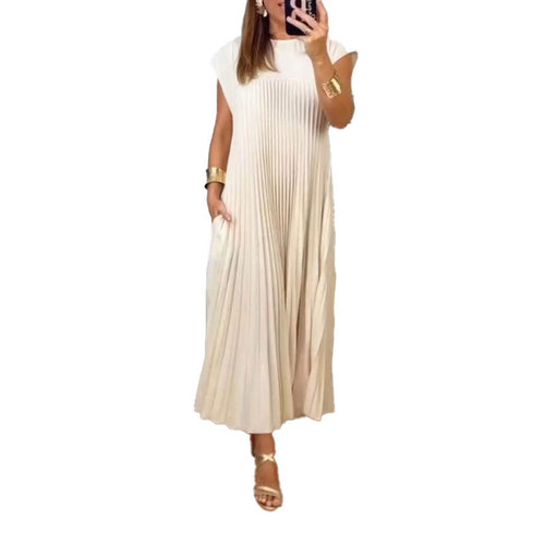 Spring Dress for European and American Women - Elegant and Fashionable, Round Neck, Sleeveless, Pleated Long Dress
