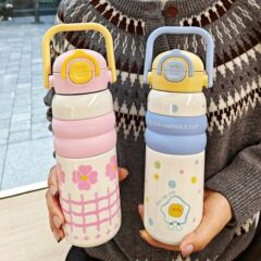 アニメ弾蓋保温カップ携帯真空カップストロー付き直飲両用カップかわいい学生カップ