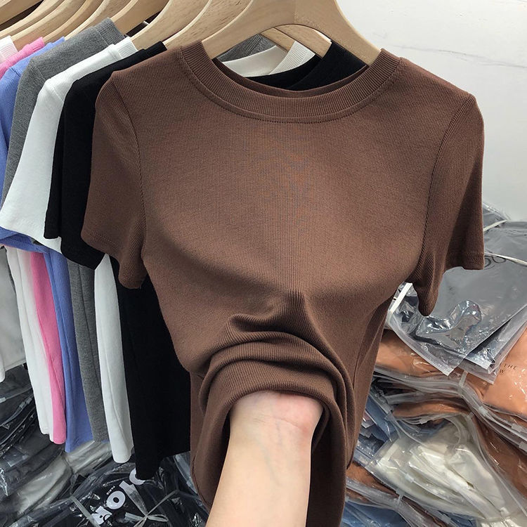 [Multi-color optional] high-grade solid color mask T-shirt short sleeve new slim slimming design feeling base shirt top