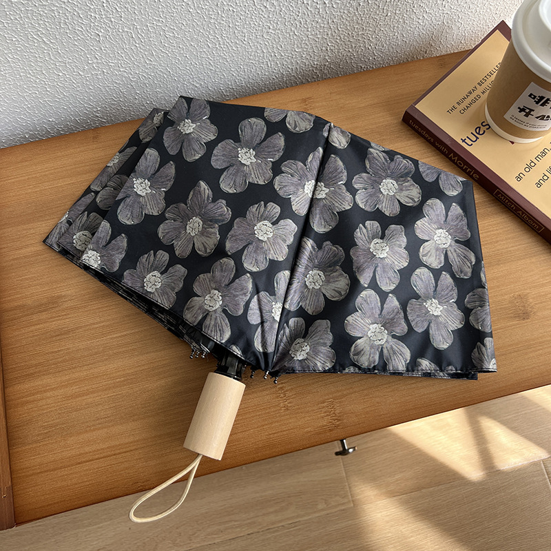 Posa高颜値禁欲系黒花フック日焼け止め三つ折り折り畳み雨傘女晴雨両用日傘|undefined