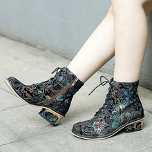 2023秋冬新款跨境现货复古印花中国风绣花拼接舒适休闲女式短靴