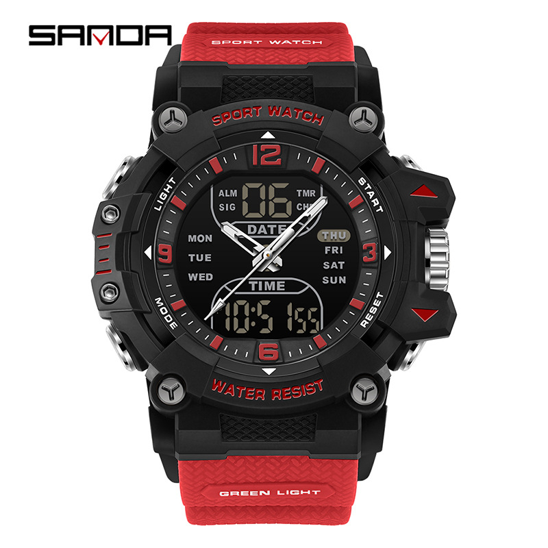 SANAD Sanda Dual Display Deportivo Estudiante Multifuncional Luz Nocturna Tres Destinados Reloj de pulsera Reloj electrónico de segmento impermeable