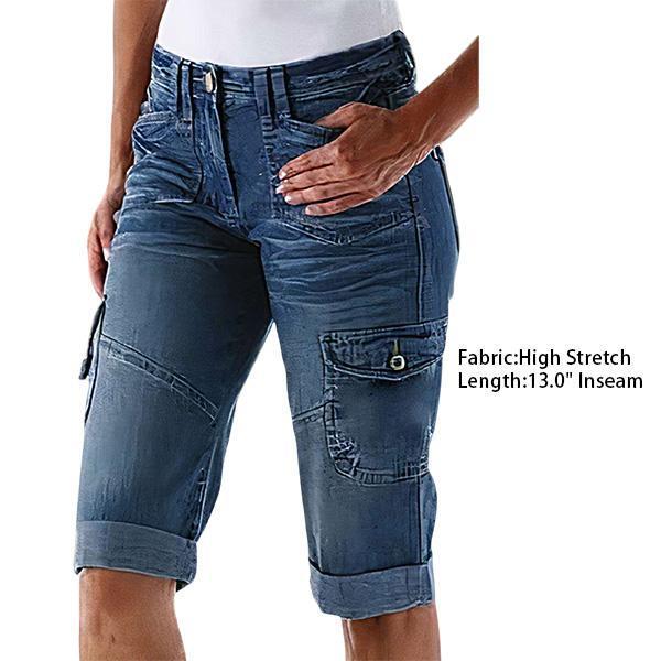 2025 New Cross-Border Flip-Pocket Rolled-Edge Bermuda Denim Shorts Blue Denim Shorts