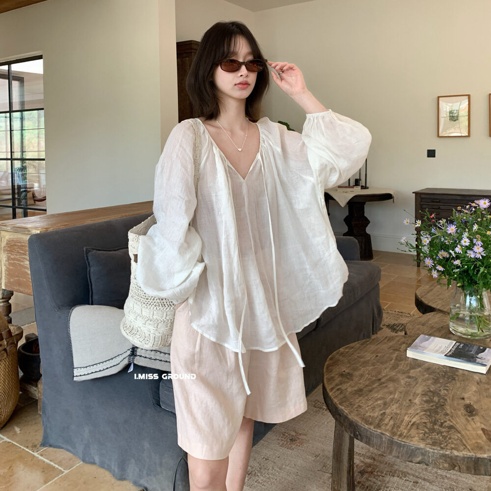 Áo sơ mi nữ linen tay dài cổ V dây buộc phong cách lười biếng — Xanh nước biển, màu hồng, Vàng nhạtcolor, trắng sữa