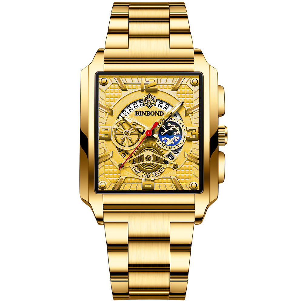 Binbond – montre pour hommes, Vintage, carré, calendrier, étanche, lueur nocturne, multifonction, sport, or, nouvelle collection 2023, offre spéciale_voghion.com