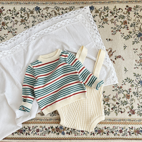 Cream baby knitted overalls, baby clothes, newborn pants, spring and autumn thin, breathable and versatile suit