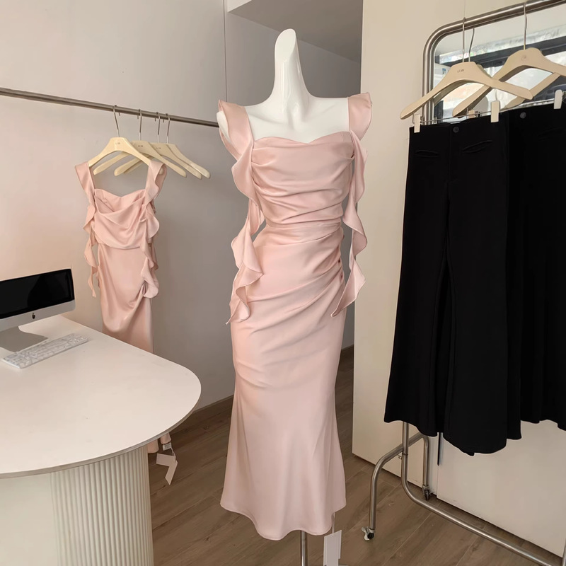 Pink Satin Suspender Dress for Women 2026 Spring and Summer New Style Backless Sexy Ribbon Slim Fit Long Dress